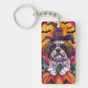 Spooky Malti Tzu Dog Halloween Witch And Pumpkin Key Ring