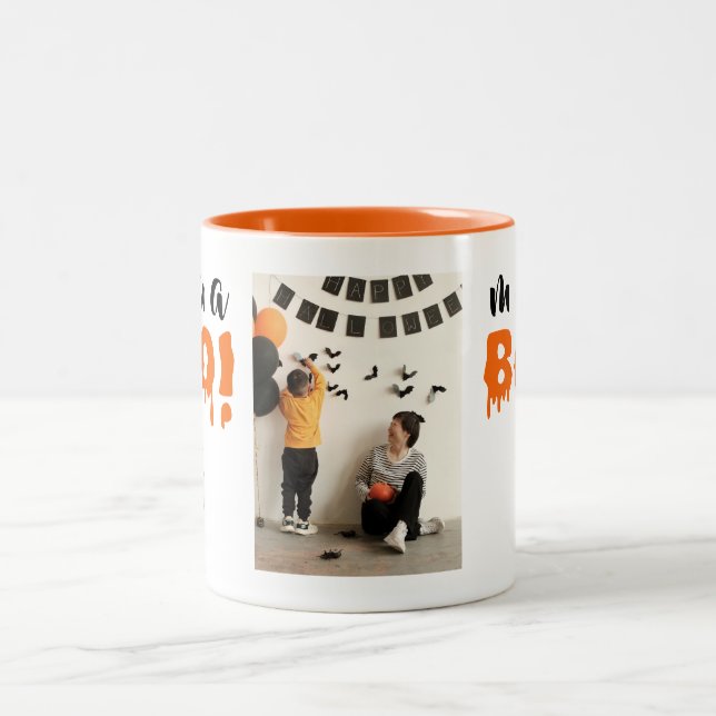 Spooky Mama Boo Orange Halloween Family Photo Two-Tone Coffee Mug (Center)