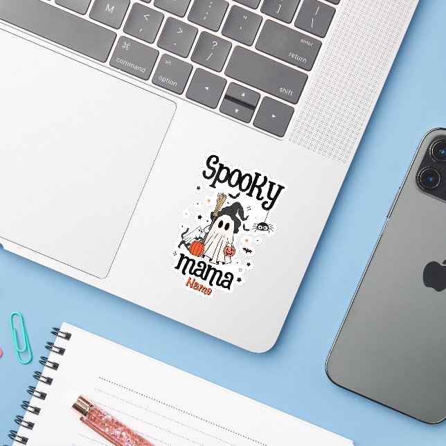 Spooky Mama Halloween – Cute Ghost & Cat (Laptop w/ iPhone)