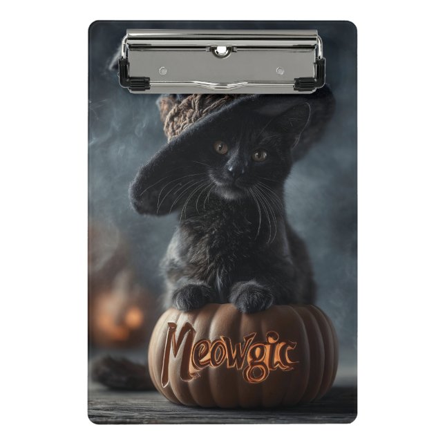 Spooky "Meowgic" Black Cat in a Witch Hat Mini Clipboard (Front)