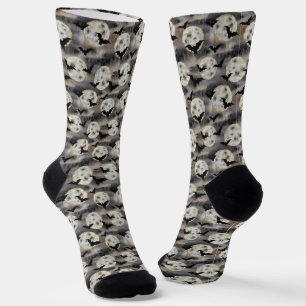 Spooky Moon Bat Pattern Halloween Socks
