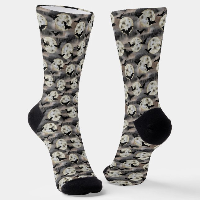 Spooky Moon Bat Pattern Halloween Socks (Angled)