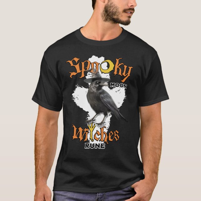 Spooky Moon Witches Algiz Rune Mystical Crow  T-Shirt (Front)