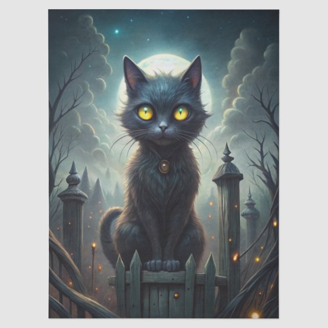 Spooky Moonlit Black Cat Halloween Decoupage Tissue Paper (Front)