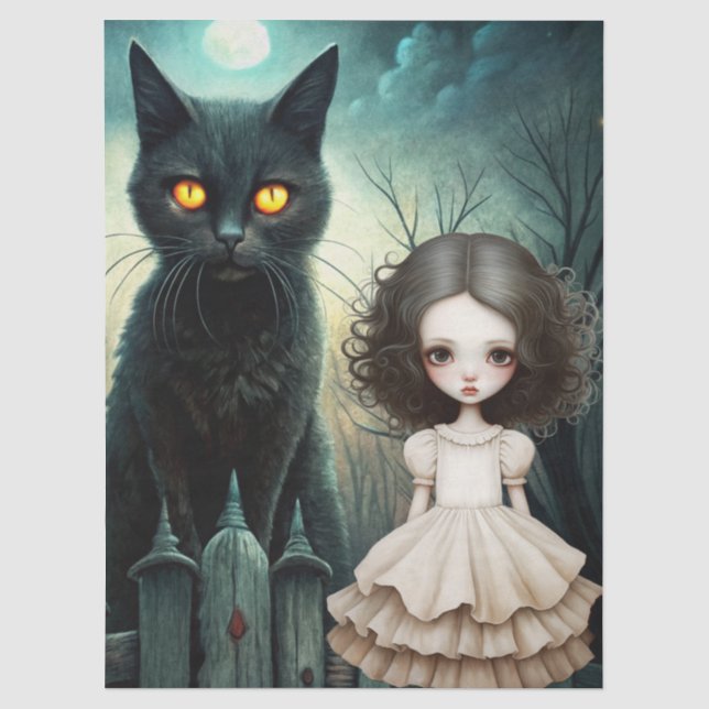Spooky Moonlit Black Cat Halloween Decoupage Tissue Paper (Front)