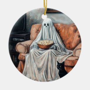 Spooky Movie Night Ghost and Cat Watching TV Ceramic Tree Decoration