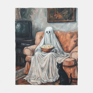 Spooky Movie Night   Ghost and Cat Watching TV Fleece Blanket