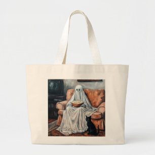 Spooky Movie Night   Ghost and Cat Watching TV Large Tote Bag