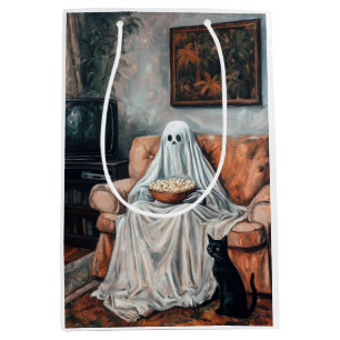 Spooky Movie Night Ghost and Cat Watching TV Medium Gift Bag