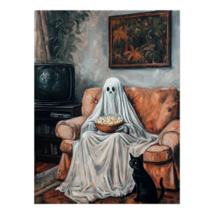 Spooky Movie Night Ghost and Cat Watching TV Poster