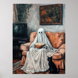 Spooky Movie Night   Ghost and Cat Watching TV Poster