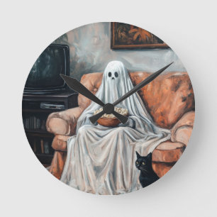 Spooky Movie Night Ghost and Cat Watching TV Round Clock
