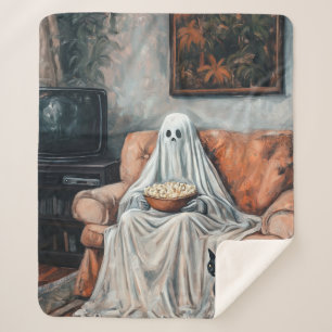 Spooky Movie Night   Ghost and Cat Watching TV Sherpa Blanket