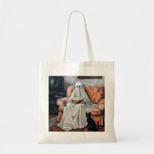 Spooky Movie Night Ghost and Cat Watching TV Tote Bag