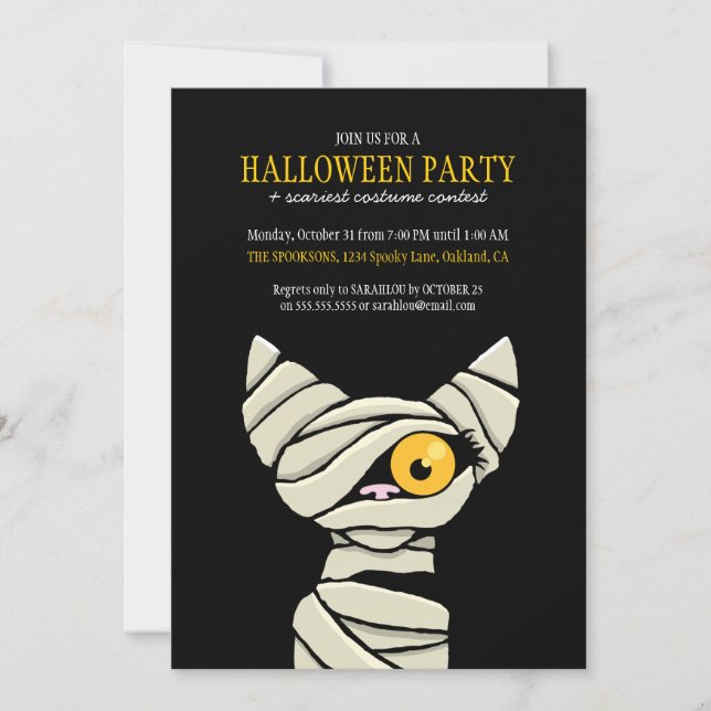 Spooky Mummy Cat Halloween Party Invitations (Front)