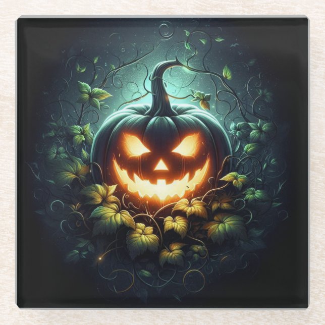Spooky nature glowing Halloween pumpkin Glass Coaster (Front)