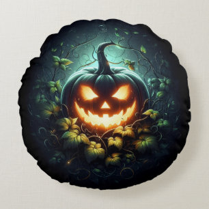Spooky nature glowing Halloween pumpkin Round Cushion