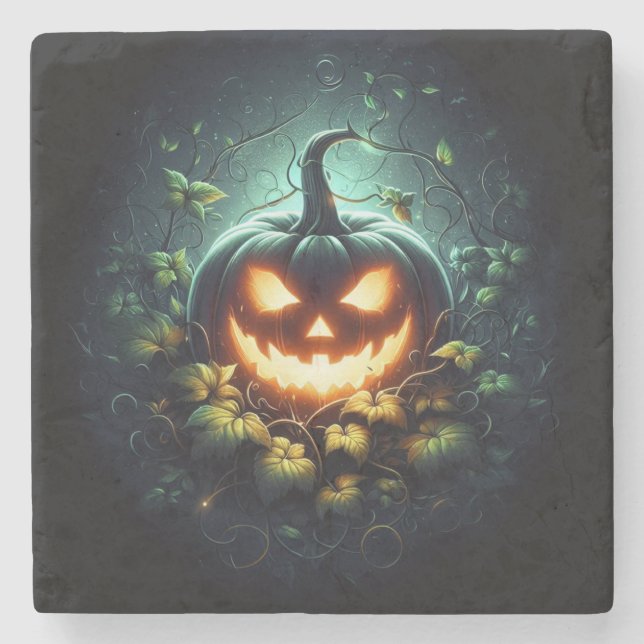Spooky nature glowing Halloween pumpkin Stone Coaster (Front)