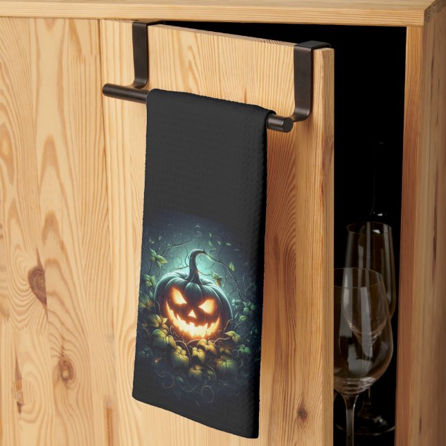Spooky nature glowing Halloween pumpkin Tea Towel (Thirds Fold)