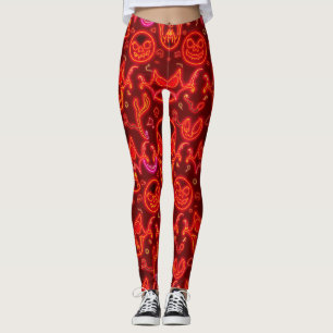 Spooky Neon Jack-o'-Lantern Halloween Night Scene Leggings