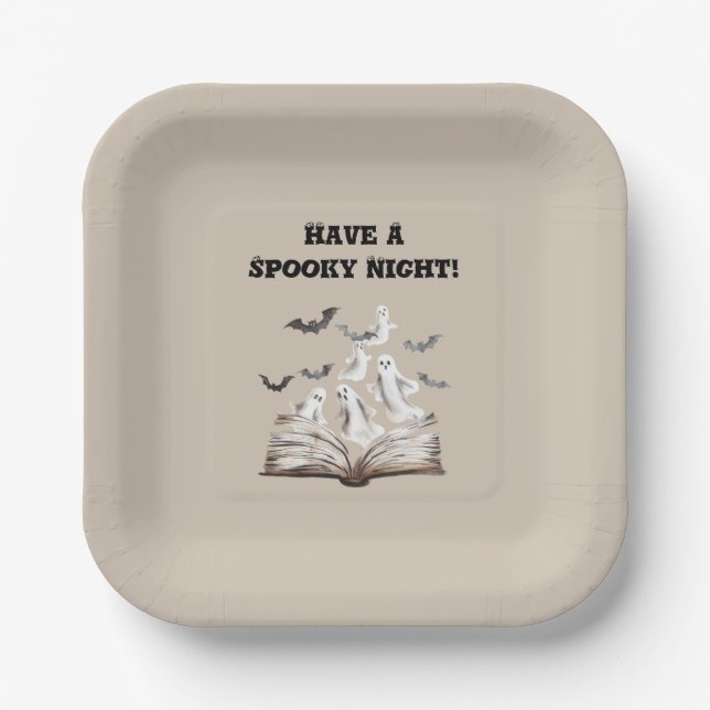 Spooky Night Book Ghosts Bats Halloween Paper Plate (Front)