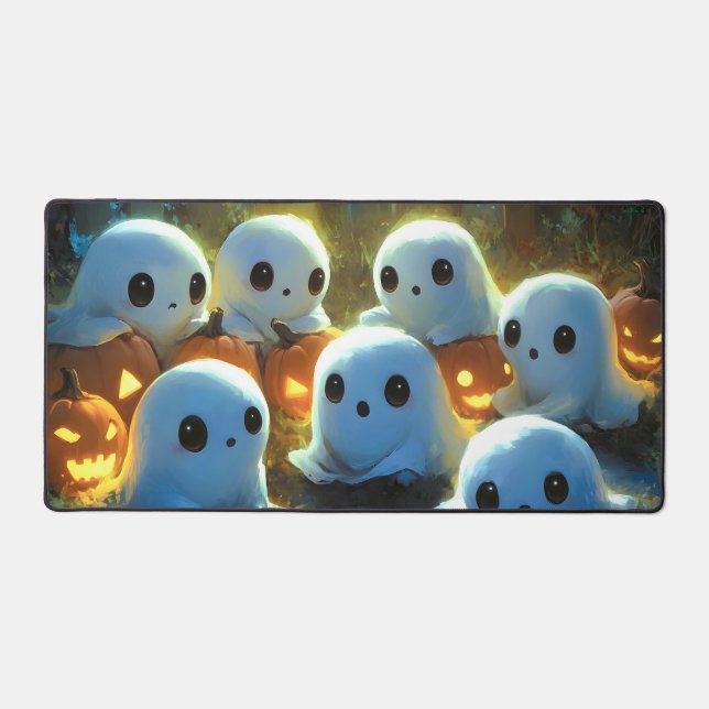 Spooky Night Cemetery Cute Halloween Ghost Desk Mat (Front)