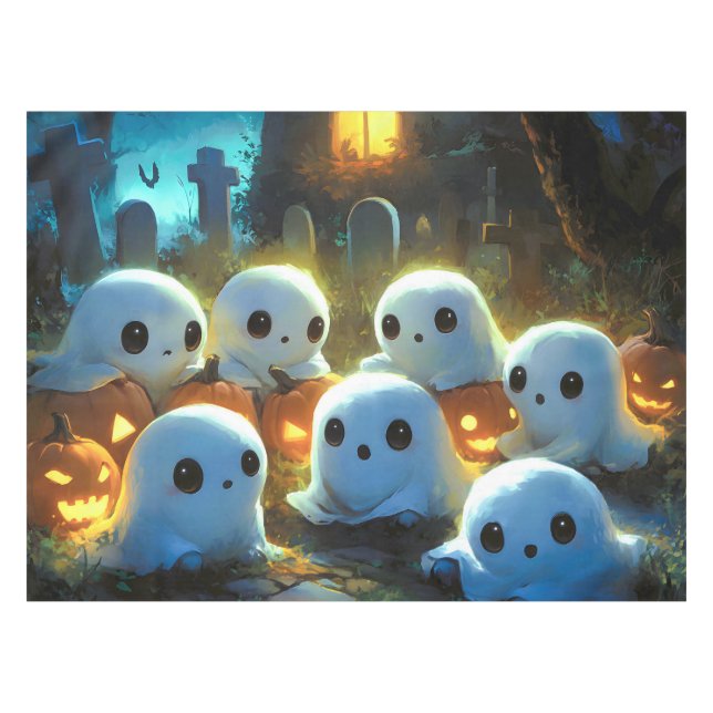 Spooky Night Cemetery Cute Halloween Ghost Tablecloth (Front (Horizontal))