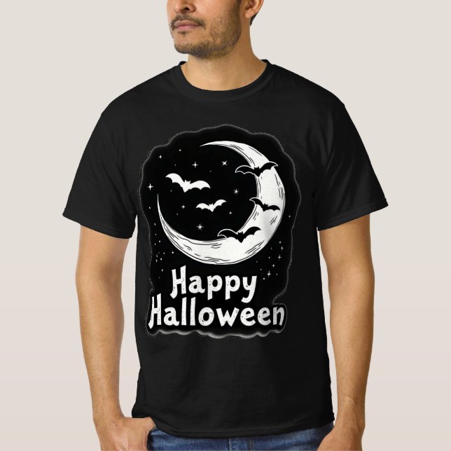 Spooky Night Flight: Halloween Bats- Crescent Moon T-Shirt (Front)