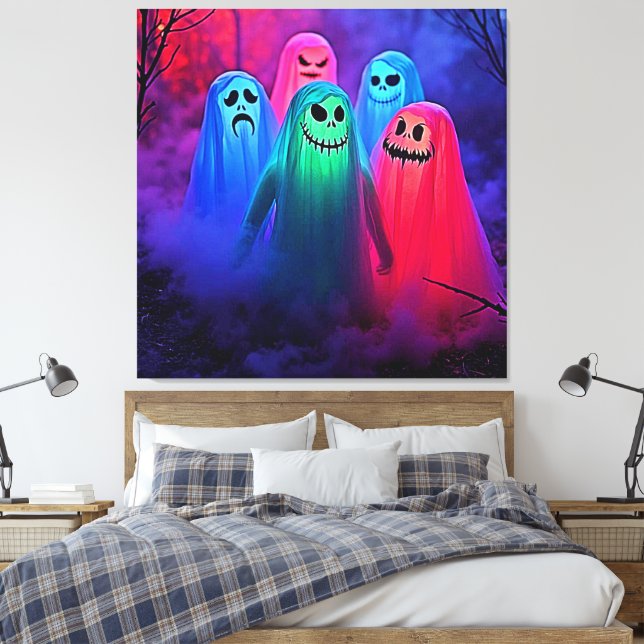 Spooky Night of Colourful Ghosts Design Canvas Print (Insitu(Bedroom))