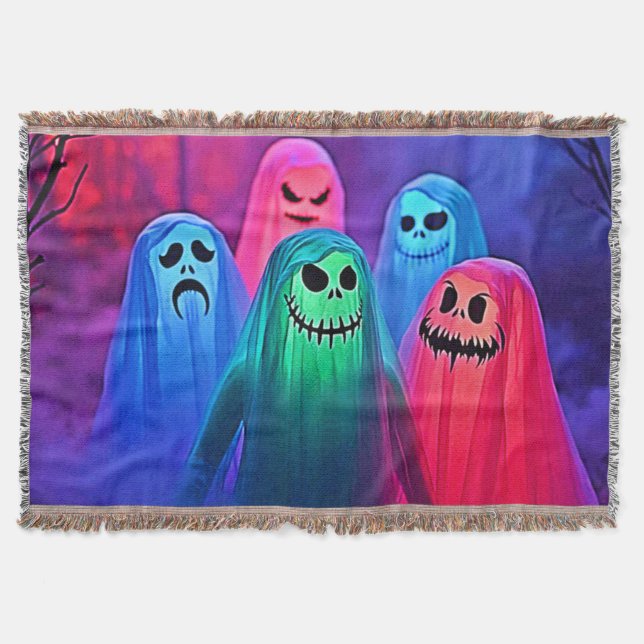 Spooky Night of Colourful Ghosts Design Throw Blanket (Front)