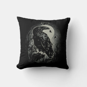 Spooky Night Raven Birds Illustration Cushion