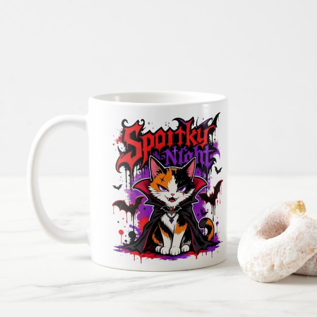 Spooky Night Vampire Calico Cat Coffee Mug (With Donut)