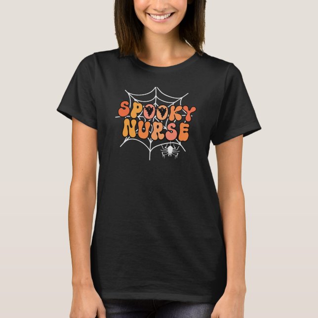 Spooky Nurse retro Halloween spider web ghosts T-Shirt (Front)