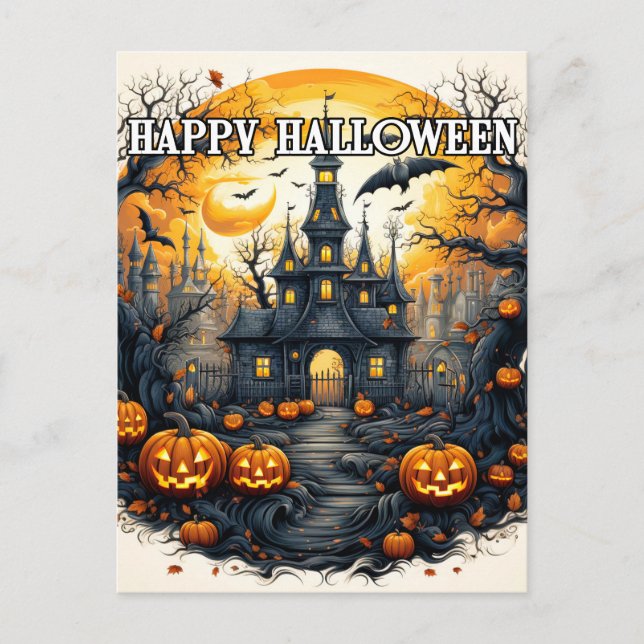 Spooky Old Haunted House Halloween Postcard (Front)