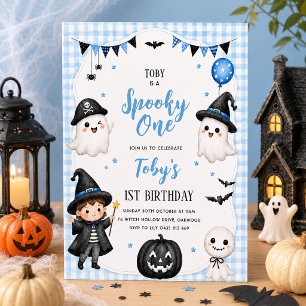 Spooky One 1st Birthday Boy Blue Ghost Halloween Holiday Card