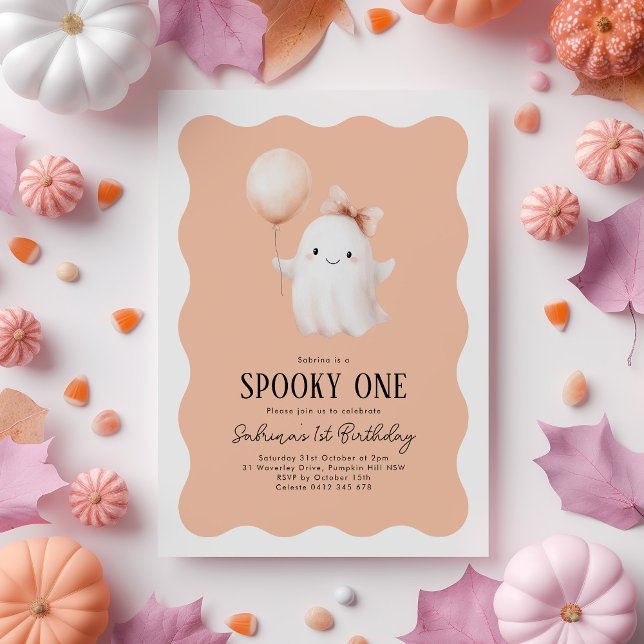 Spooky One 1st Birthday Ghost Orange Balloon Invitation (Spooky One! Girls Halloween 1st Birthday invitation with ghost & orange balloon on wavy background)