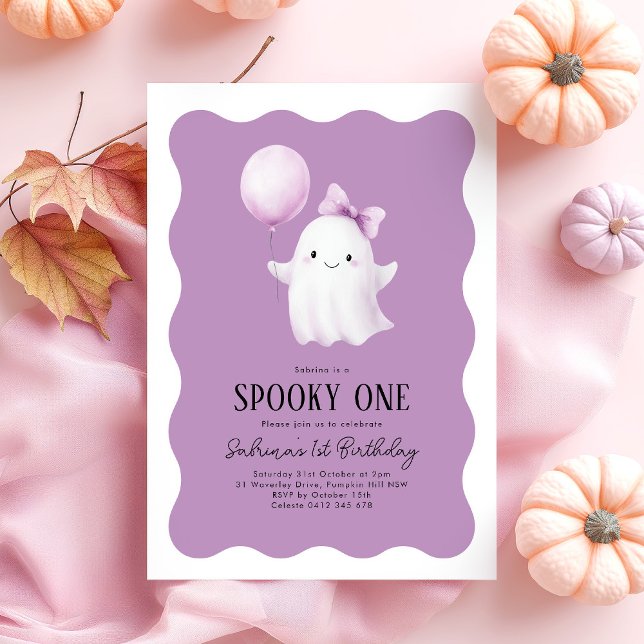 Spooky One 1st Birthday Ghost Purple Balloon Invitation (Spooky One! Girls Halloween 1st Birthday invitation with ghost & purple balloon on wavy background)