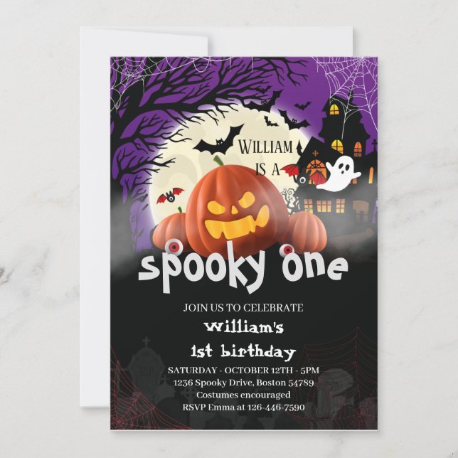 Spooky One bat Halloween  pumpkin 1st Birthday  Invitation (Front)