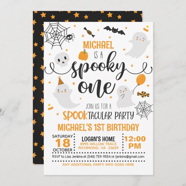 Spooky One Birthday Invitation - Blk & Orange (Front/Back)
