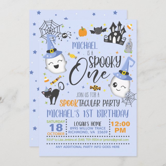 Spooky One Birthday Invitation - Blue (Front/Back)