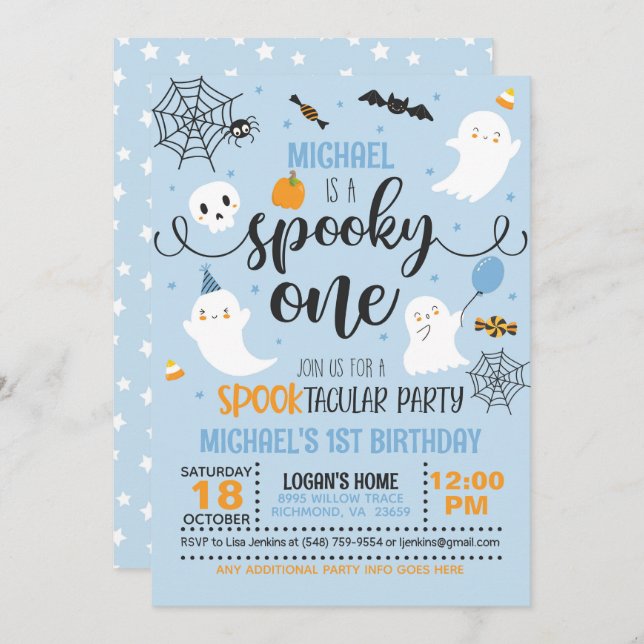 Spooky One Birthday Invitation - Boy (Blue) (Front/Back)