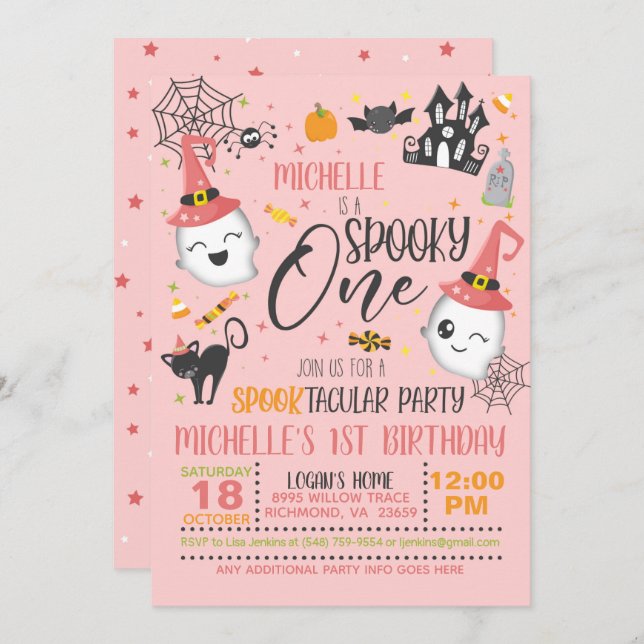 Spooky One Birthday Invitation - Pink (Front/Back)