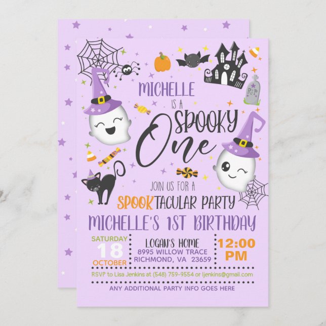 Spooky One Birthday Invitation - Purple (Front/Back)