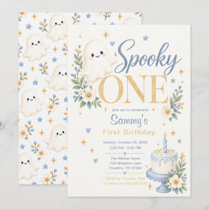 Spooky One Blue Floral Ghost 1st Birthday Invitation