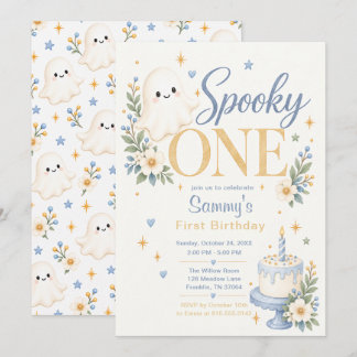Spooky One Blue Floral Ghost 1st Birthday Invitation