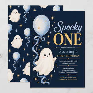 Spooky One Blue Ghost Halloween 1st Birthday Invitation