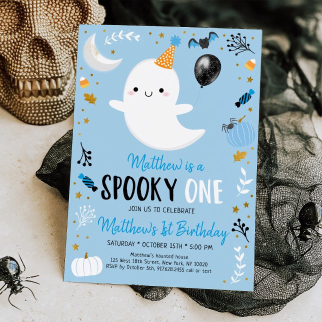Spooky ONE Blue Ghost Halloween Birthday Invitation (Creator Uploaded)