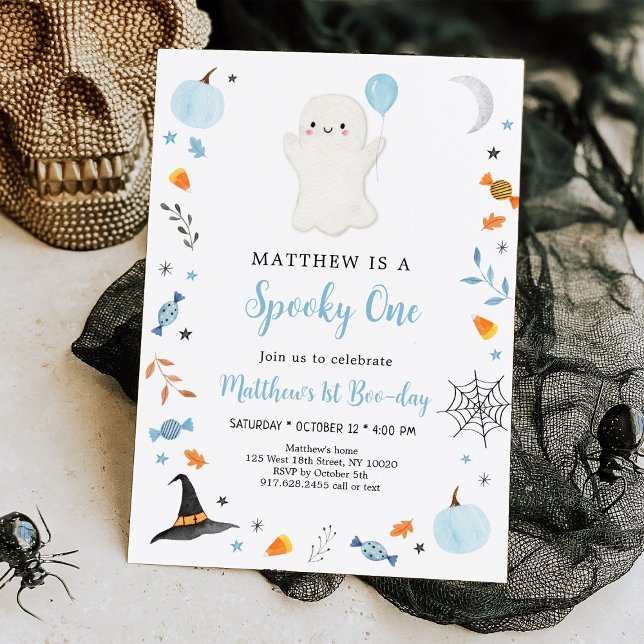 Spooky One Blue Ghost Halloween Birthday Invitation (Creator Uploaded)
