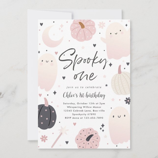 Spooky One Boho Halloween Ghost 1st Birthday Party Invitation (Front)