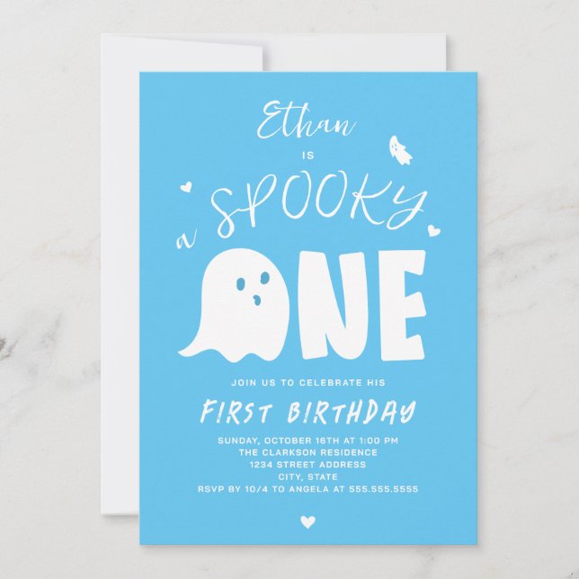 Spooky One Boys Blue Ghost Halloween 1st Birthday Invitation (Front)